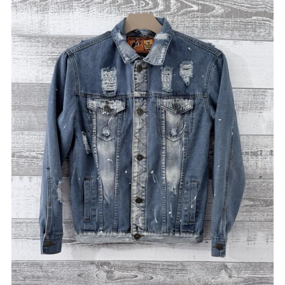 Rolling Paper Denim Blue Jean Jacket Women's S Distressed Paint Splatter Buttons